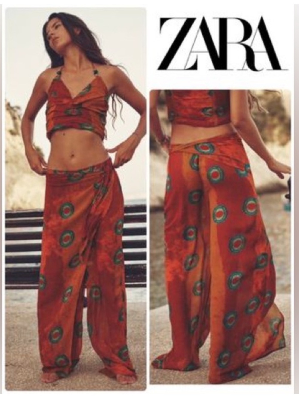 NWOT Zara Womens Size M Orange Boho Bohemian Sheer Trouser Pants Skirt Beach